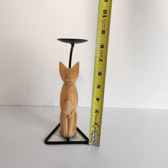 Rustic Wood Carved Wooden Cat Candle Holder Metal Stand Cats Eclectic Decor - Picture 7 of 7
